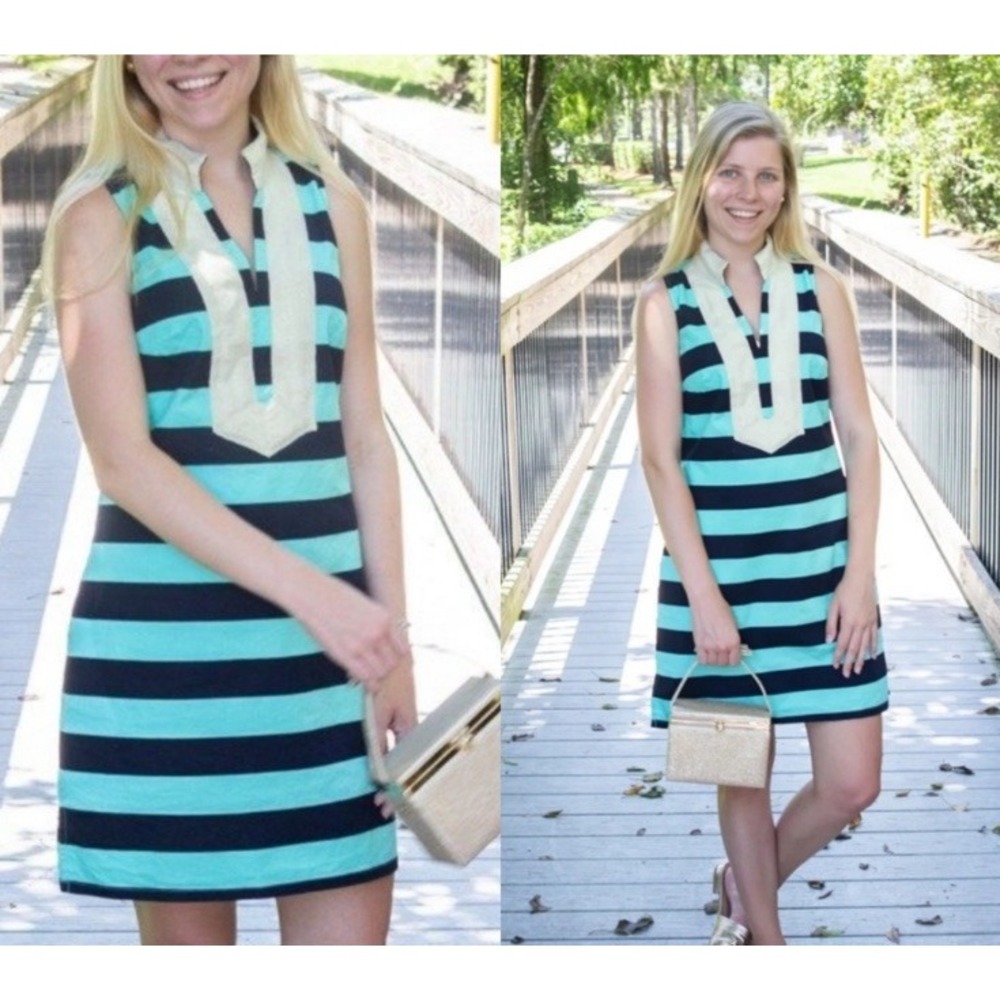 Sail To Sable Classic Striped Tunic Dress Women Large Cabbage Navy Coastal Beach